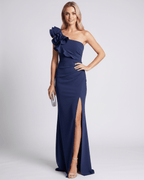 Aurelium Maxi Dress by Lauven, featuring one-shoulder design, smooth stretch fabric, and layered wavy detailing.