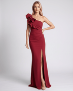Aurelium Maxi Dress in burgundy, showcasing smooth stretch fabric, one-shoulder design, and elegant floral detailing by Lauven.