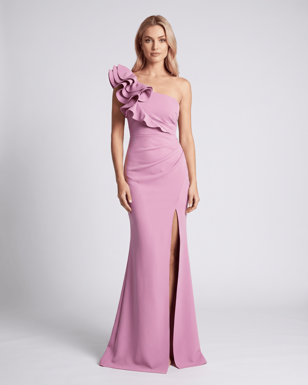 Aurelium Maxi Dress in soft pink with one-shoulder design, ruffled detailing, and elegant silhouette by Lauven.