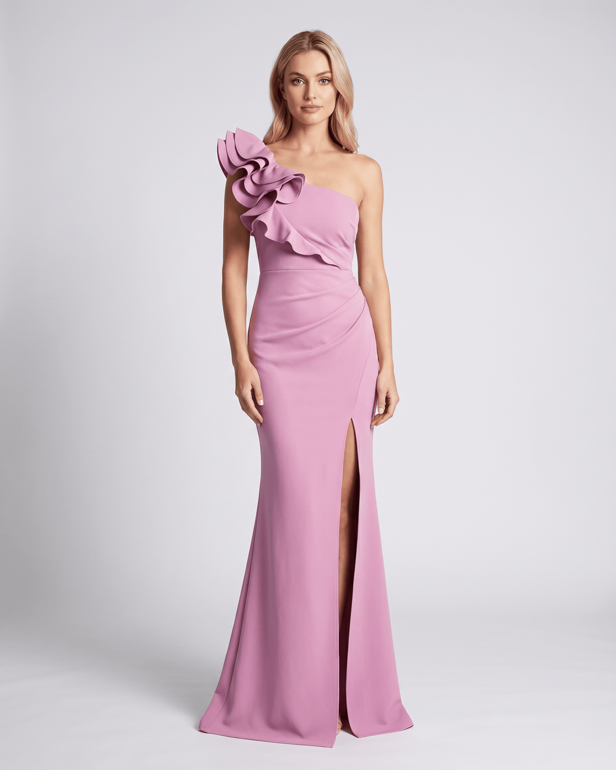 Aurelium Maxi Dress in soft pink with one-shoulder design, ruffled detailing, and elegant silhouette by Lauven.