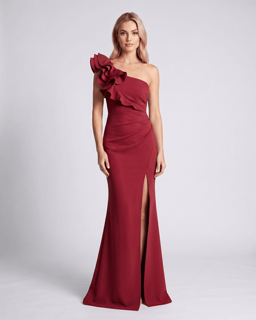 Aurelium Maxi Dress by Lauven, featuring one-shoulder design, smooth stretch fabric, asymmetric neckline, and refined silhouette.