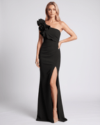 Aurelium Maxi Dress featuring one-shoulder design, smooth stretch fabric, and sculptural ruffle details by Lauven.