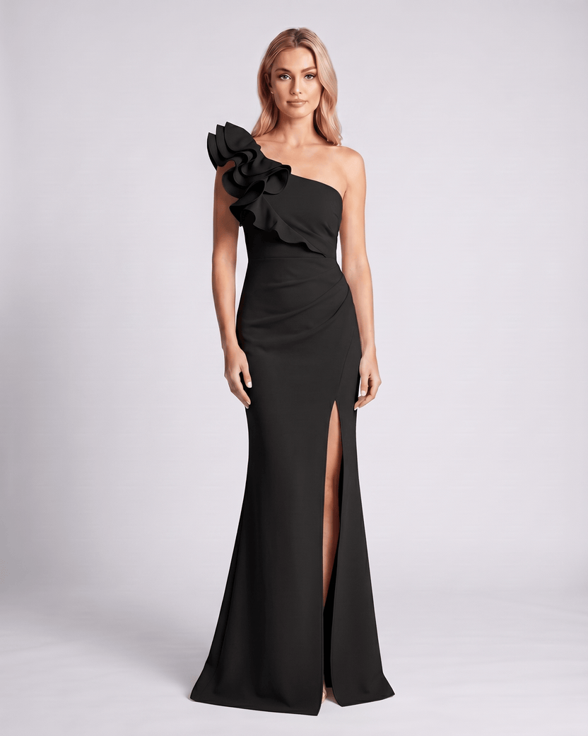 Aurelium Maxi Dress by Lauven, one-shoulder design, smooth stretch fabric, elegant fit with layered wavy detailing.