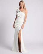 Aurelium Maxi Dress by Lauven featuring smooth stretch fabric, one-shoulder design, and layered wavy detailing.
