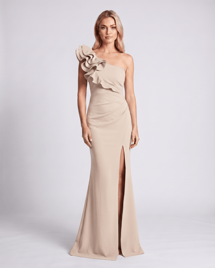 Aurelium Maxi Dress featuring smooth stretch fabric, one-shoulder design, and sculptural wavy detailing by Lauven.
