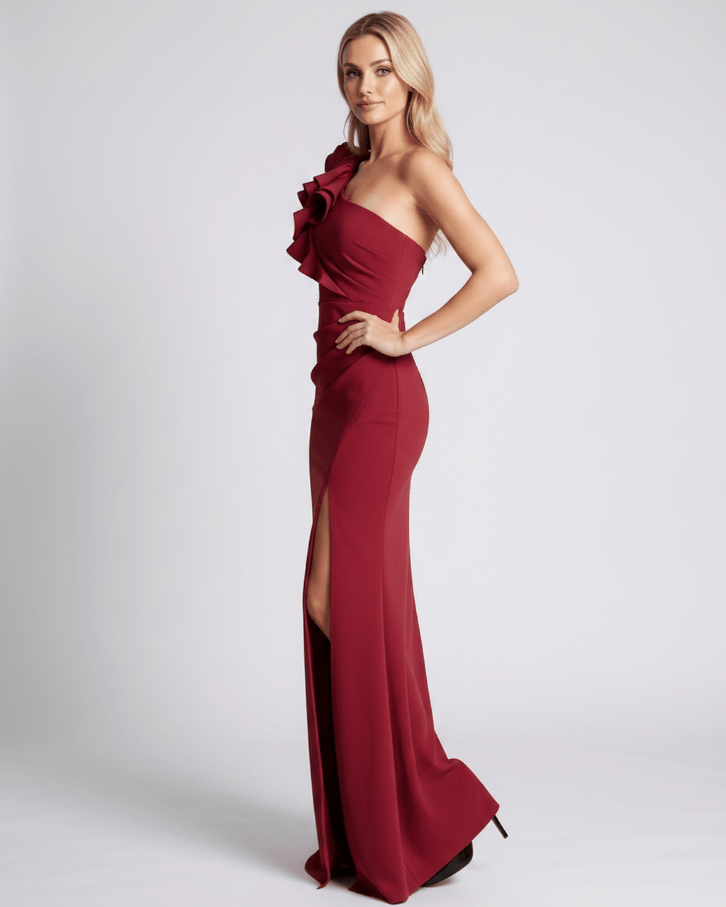 Aurelium Maxi Dress by Lauven, featuring a one-shoulder design, smooth stretch fabric, and elegant wavy detailing.