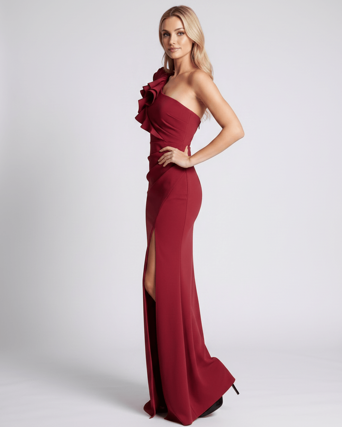 Aurelium Maxi Dress by Lauven, featuring a one-shoulder design, smooth stretch fabric, and elegant wavy detailing.