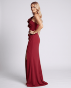 Aurelium Maxi Dress in rich burgundy featuring a one-shoulder design, smooth stretch fabric, and elegant details by Lauven.
