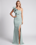 Aurelium Maxi Dress in mint green, featuring one-shoulder design, ruffle detail, and sleek silhouette by Lauven.