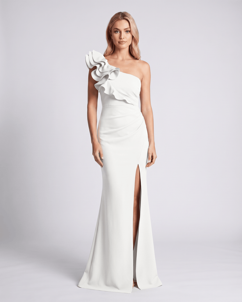 Aurelium Maxi Dress showcasing smooth stretch fabric, one-shoulder design, and elegant wavy detailing by Lauven.