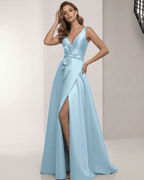 Aurevia Maxi Dress - Satin A-Line Blue Maxi Dress with V-Neck and Bow Detail, perfect for formal occasions.