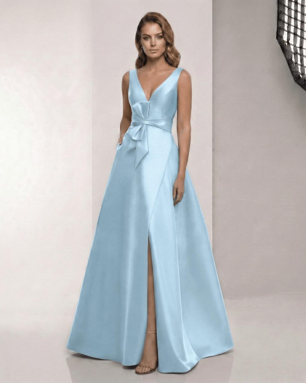 Aurevia Maxi Dress - Satin A-Line blue dress with V-neck and bow detail, perfect for formal occasions, by Lauven.