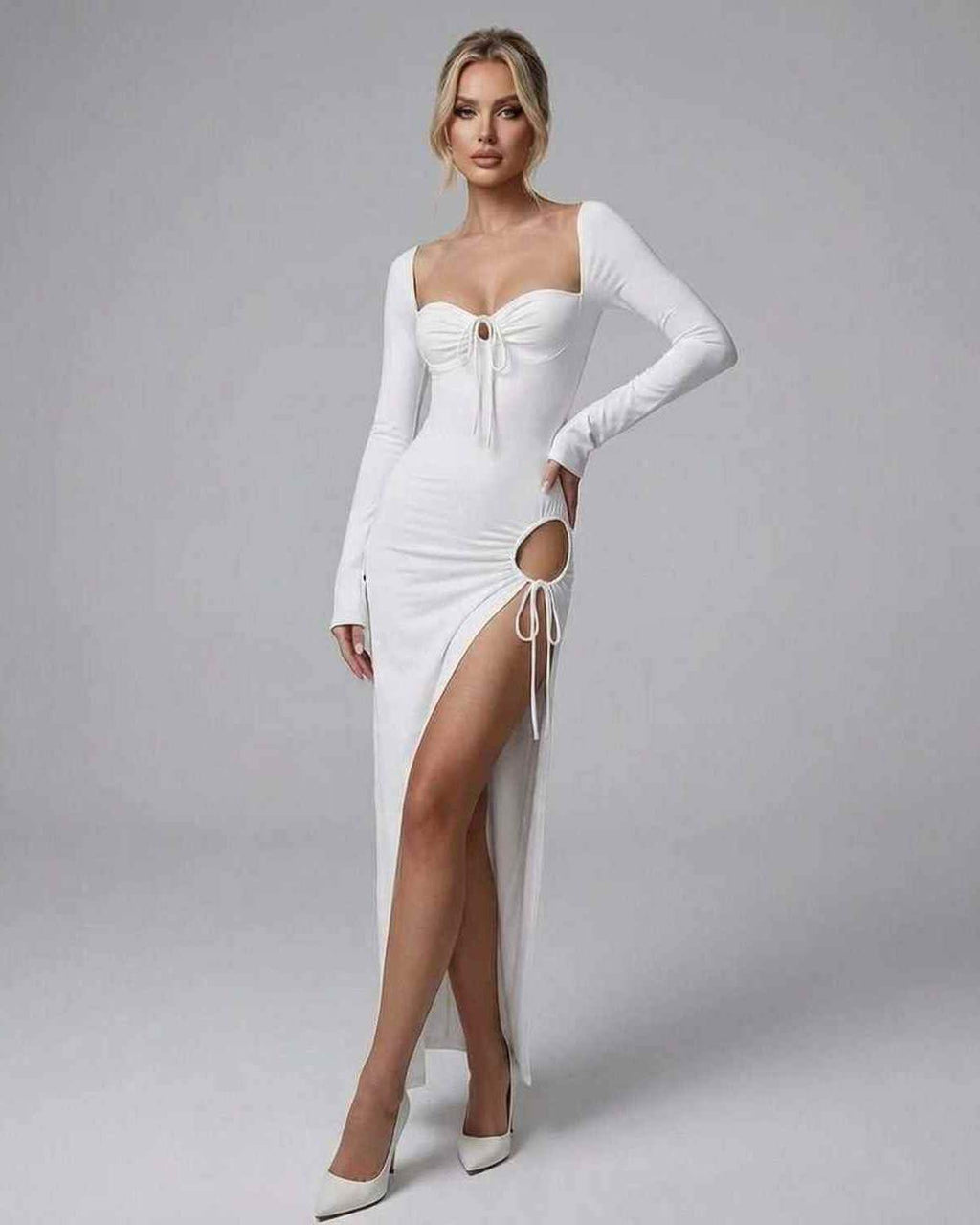 Aurielle Maxi Dress by Lauven, sleek white long sleeve dress with a high slit and stylish square neckline.