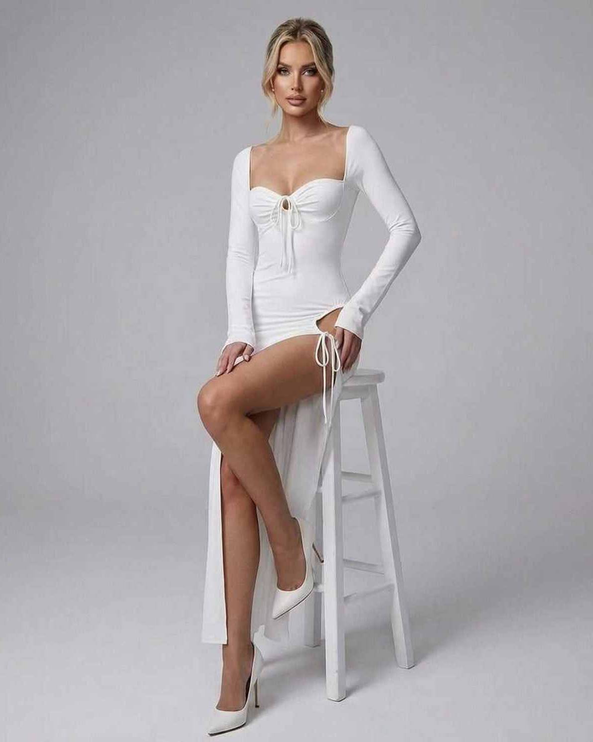 Aurielle Maxi Dress by Lauven, sleek white long sleeve dress with ankle-length asymmetrical silhouette and square collar.