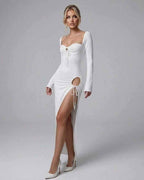 Aurielle Maxi Dress by Lauven, sleek white long sleeve ankle-length dress with side slit and modern elegance.