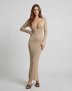 Aurora Maxi Dress by Lauven showcasing a sleek gold sheath silhouette with deep V-neck and metal ring accent.