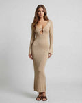 Aurora Maxi Dress by Lauven in sleek beige with deep V-neck and unique ring accent, highlighting a smooth silhouette.