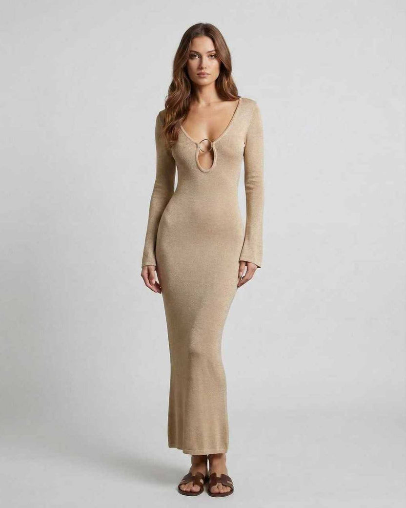 Aurora Maxi Dress by Lauven in sleek beige with deep V-neck and unique ring accent, highlighting a smooth silhouette.