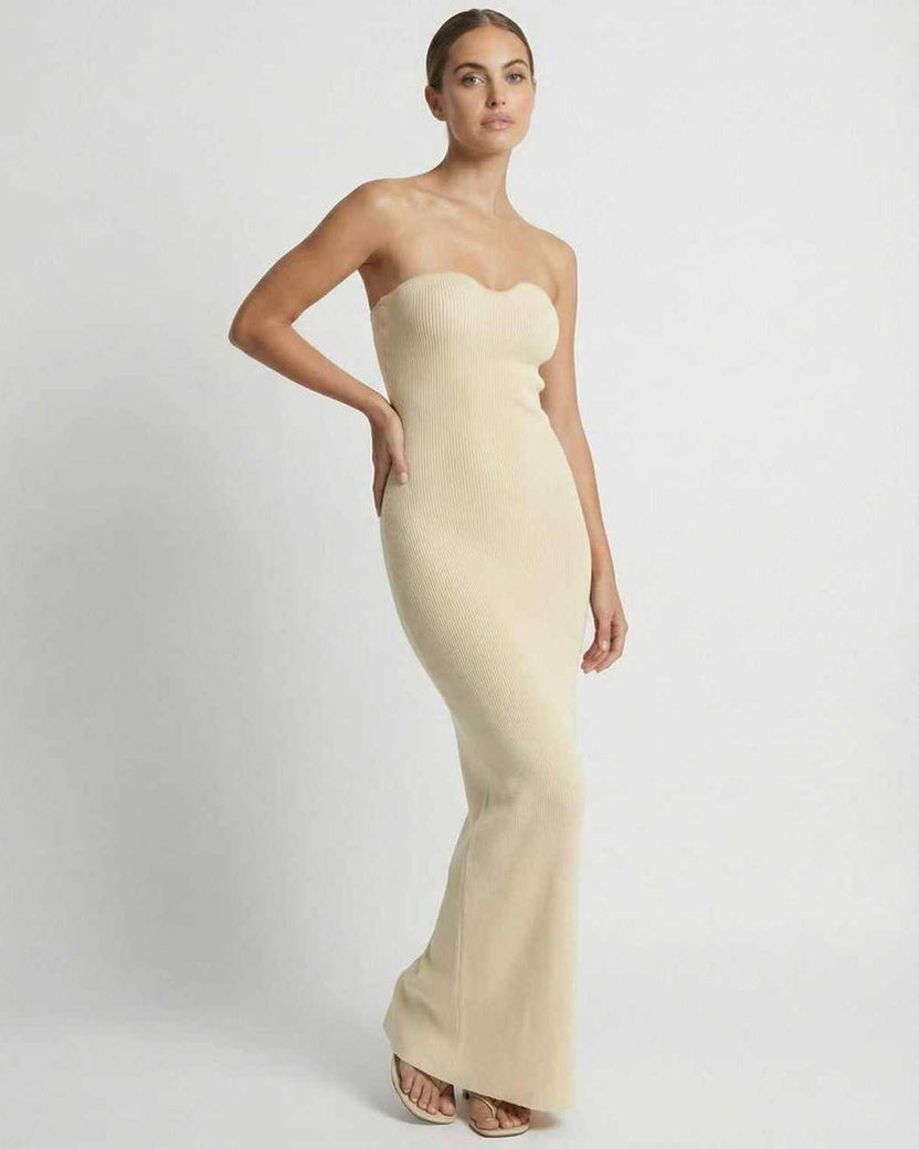Aurora Maxi Dress by Lauven, strapless slim fit ankle-length dress in soft beige fabric.