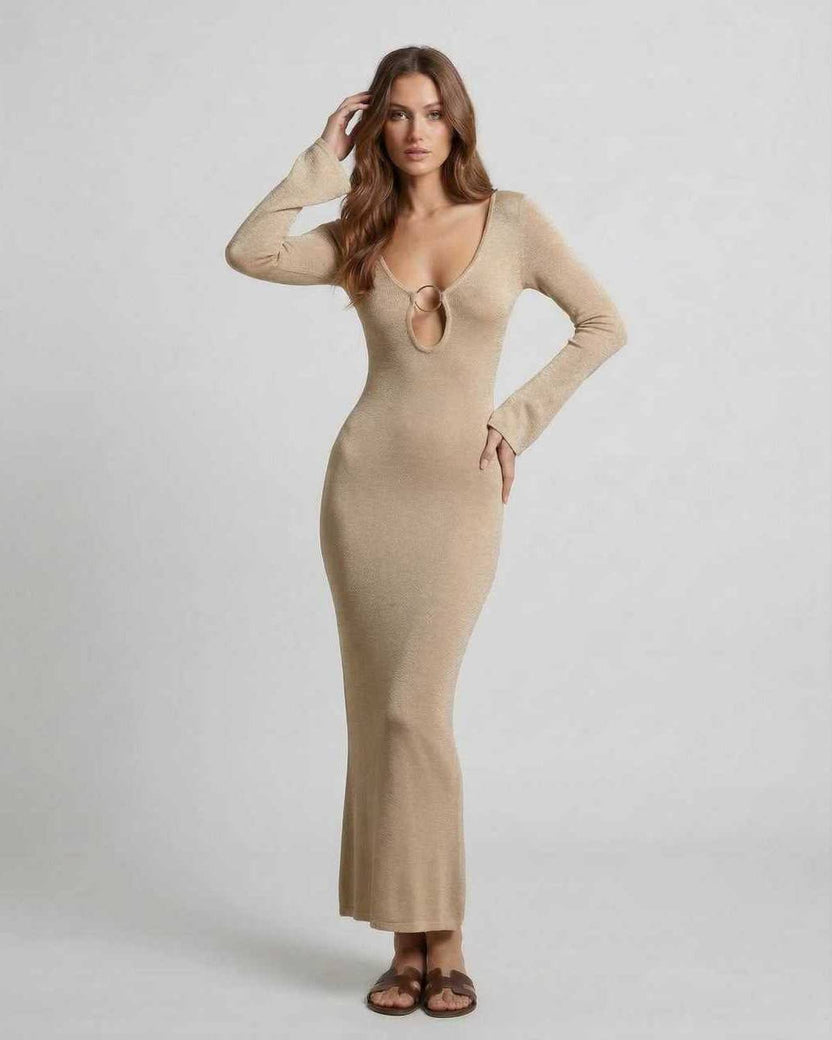 Aurora Maxi Dress by Lauven featuring a sleek gold sheath silhouette and deep V-neck with metal ring accent.
