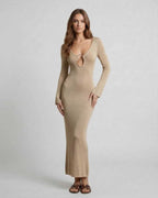 Aurora Maxi Dress by Lauven, featuring a sleek beige silhouette with a deep V-neck and keyhole detail.
