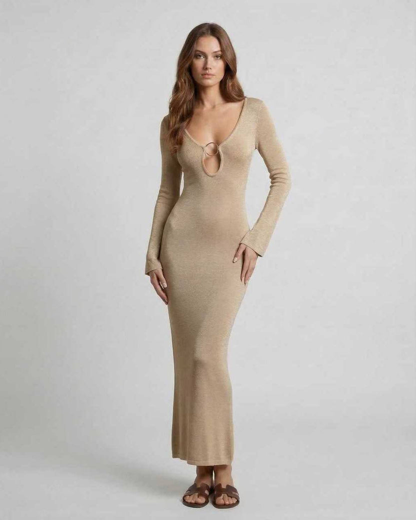 Aurora Maxi Dress by Lauven, featuring a sleek beige silhouette with a deep V-neck and keyhole detail.