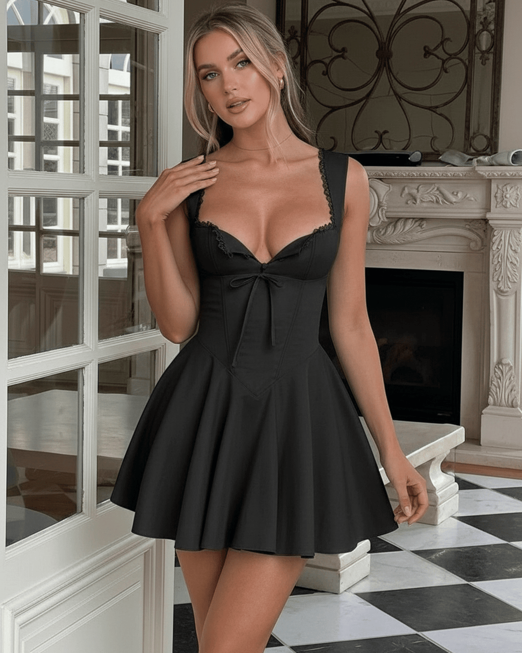 Aurora Mini Dress by Lauven, elegant black A-line dress with V-neck and lace trim, perfect for any occasion.