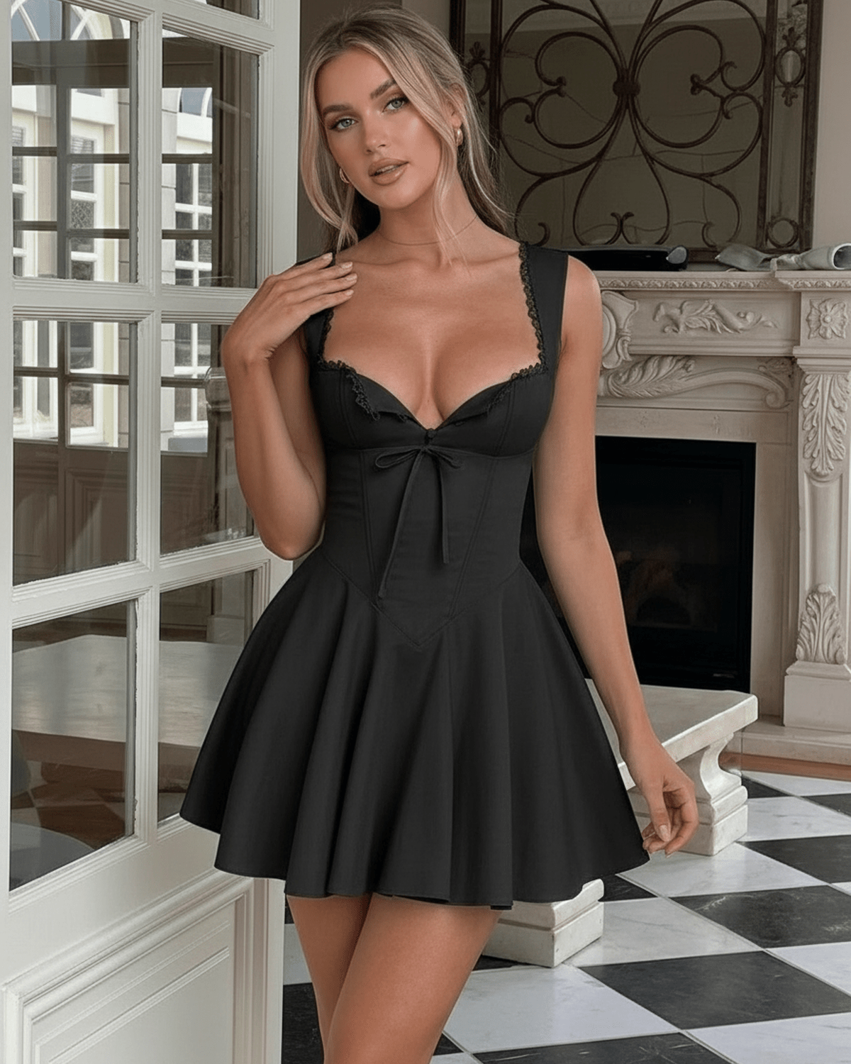 Aurora Mini Dress by Lauven, elegant black A-line dress with V-neck and lace trim, perfect for any occasion.