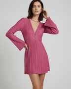 Aurora Mini Dress by Lauven, elegant pleated pink long sleeve mini dress with deep V-neckline.