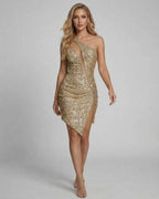 Aurora Mini Dress by Lauven, gold sequin one-shoulder glamour with deep front slit, perfect for evening wear.