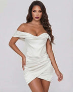 Lauven Aurora Mini Dress in luxe satin with off-shoulder design and elegant wrap-style skirt for special occasions.