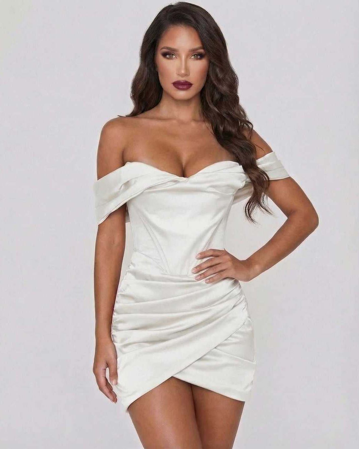 Lauven Aurora Mini Dress - Luxe satin off-shoulder mini dress with draped bodice and wrap-style skirt.
