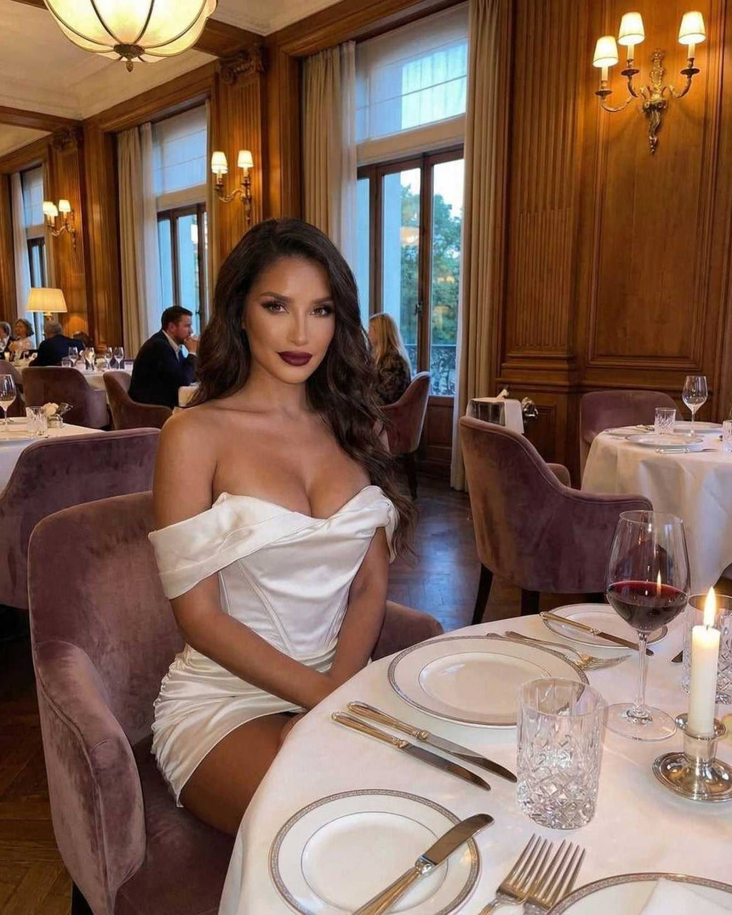 Elegant woman in Aurora Mini Dress by Lauven, off-shoulder satin design, dining in a luxurious restaurant setting.