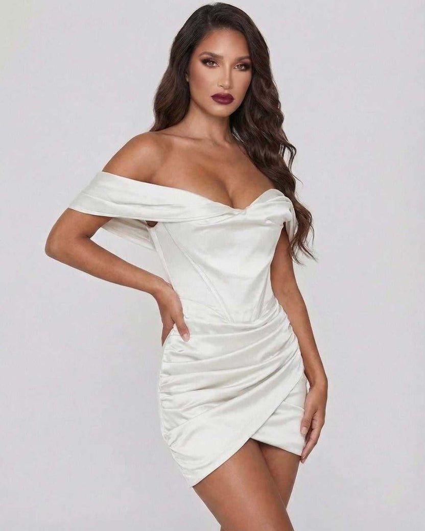 Lauven Aurora Mini Dress – Luxe Satin Off-Shoulder Elegance with draped bodice and wrap-style skirt.