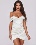 Lauven Aurora Mini Dress featuring luxe satin off-shoulder design and elegant wrap-style skirt for upscale events.