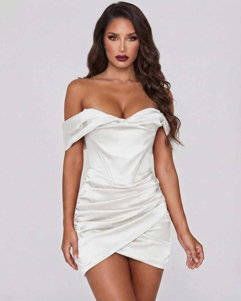 Lauven Aurora Mini Dress featuring luxe satin off-shoulder design and elegant wrap-style skirt for upscale events.