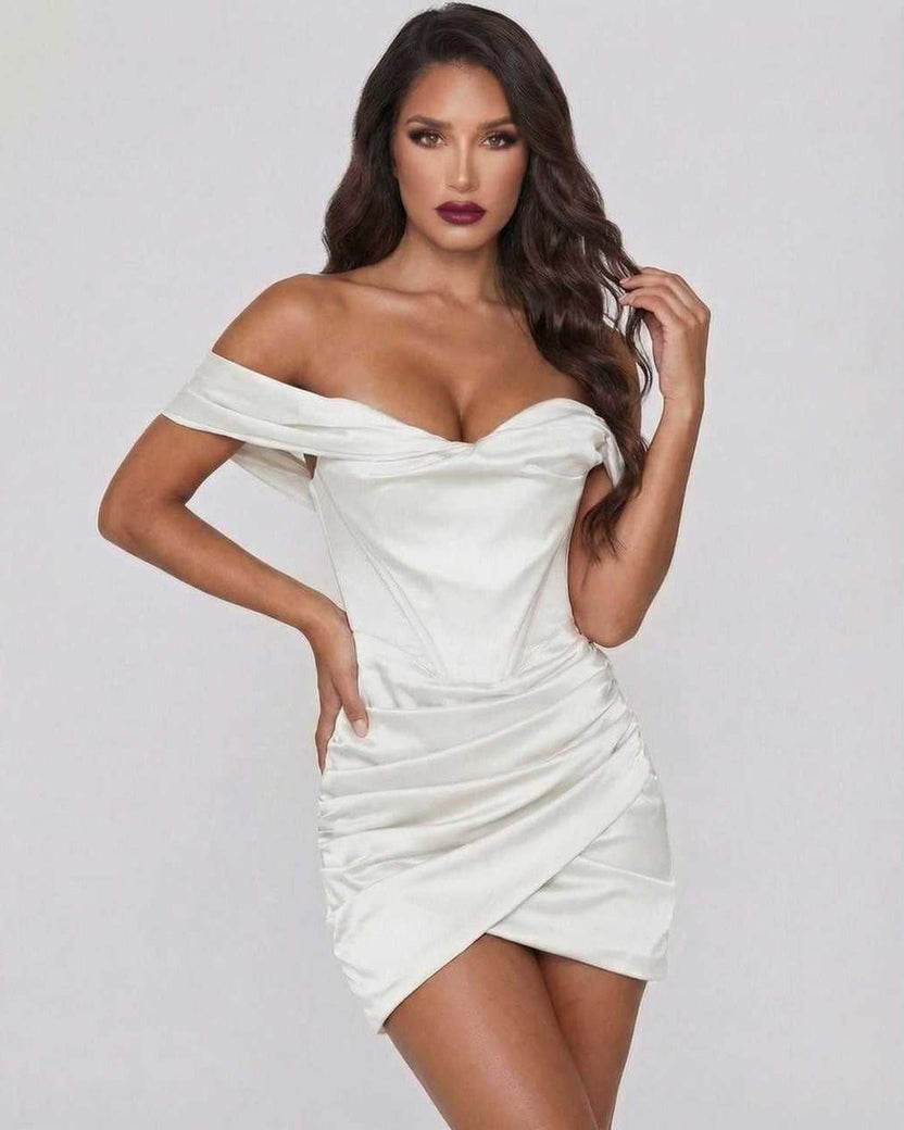 Lauven Aurora Mini Dress in luxe satin, off-shoulder style, featuring a draped bodice and wrap-style skirt.