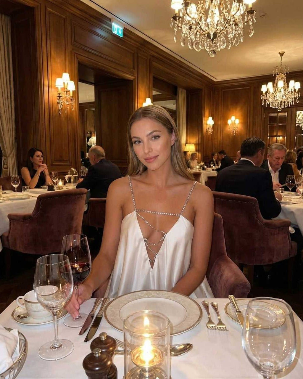 Aurora Mini Dress by Lauven displayed in an elegant dining setting with a model wearing a satin A-line dress.
