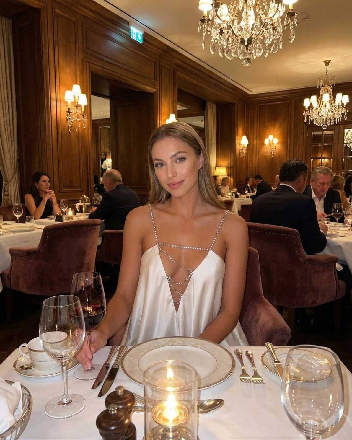 Aurora Mini Dress by Lauven displayed in an elegant dining setting with a model wearing a satin A-line dress.