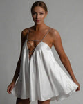 Aurora Mini Dress by Lauven in sleek satin, featuring a hollow V-neckline and flared A-line silhouette.
