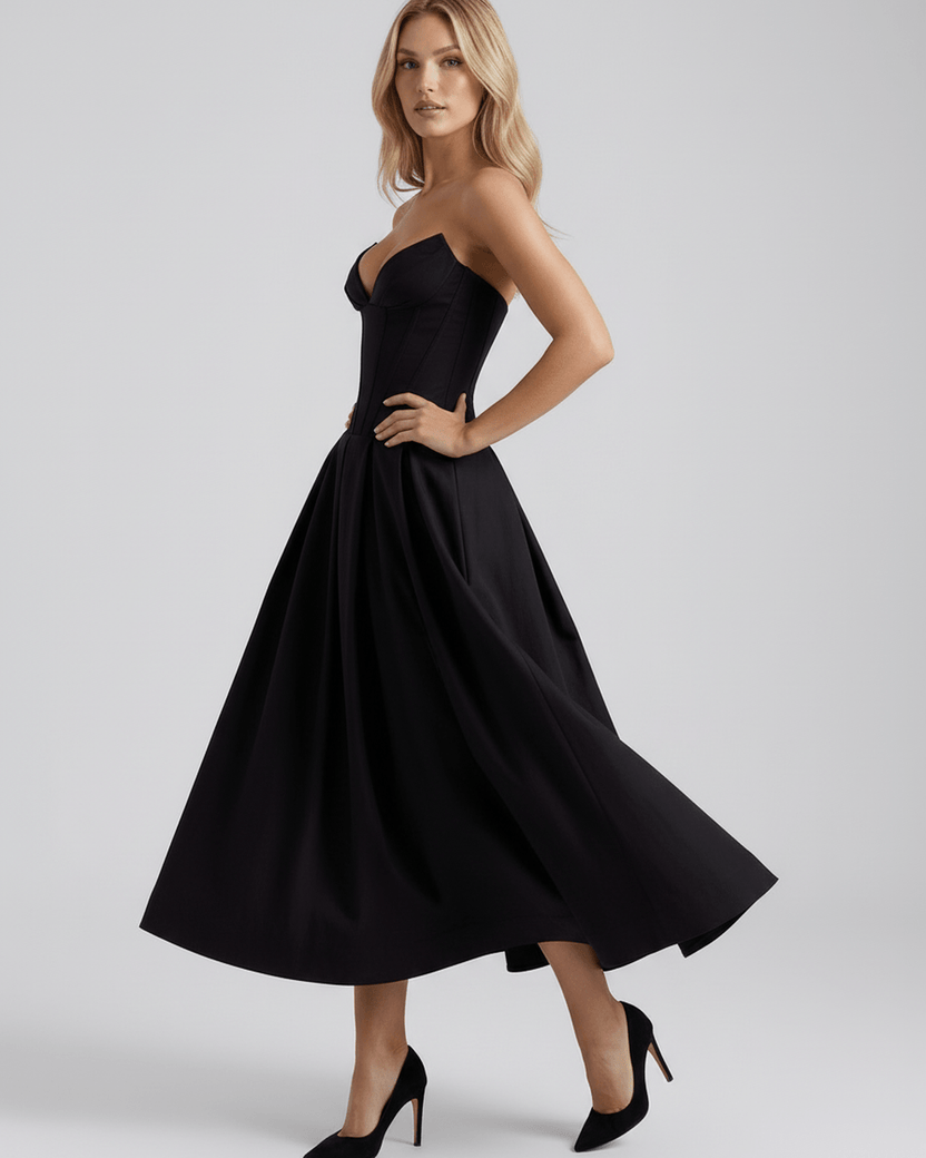 Aveline Midi Dress in black, V-neck midi dress with structured bodice, flowing skirt, by Lauven. Perfect for elegant occasions.