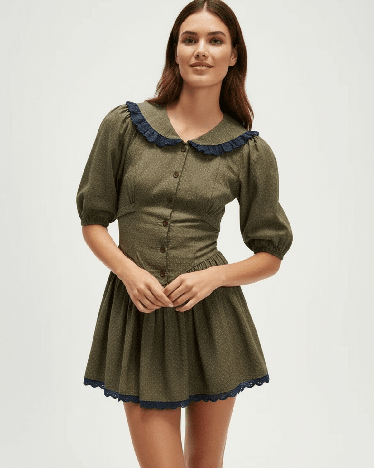 Aveline Mini Dress by Lauven featuring a Peter Pan collar, puff sleeves, and an olive green hue with navy accents.