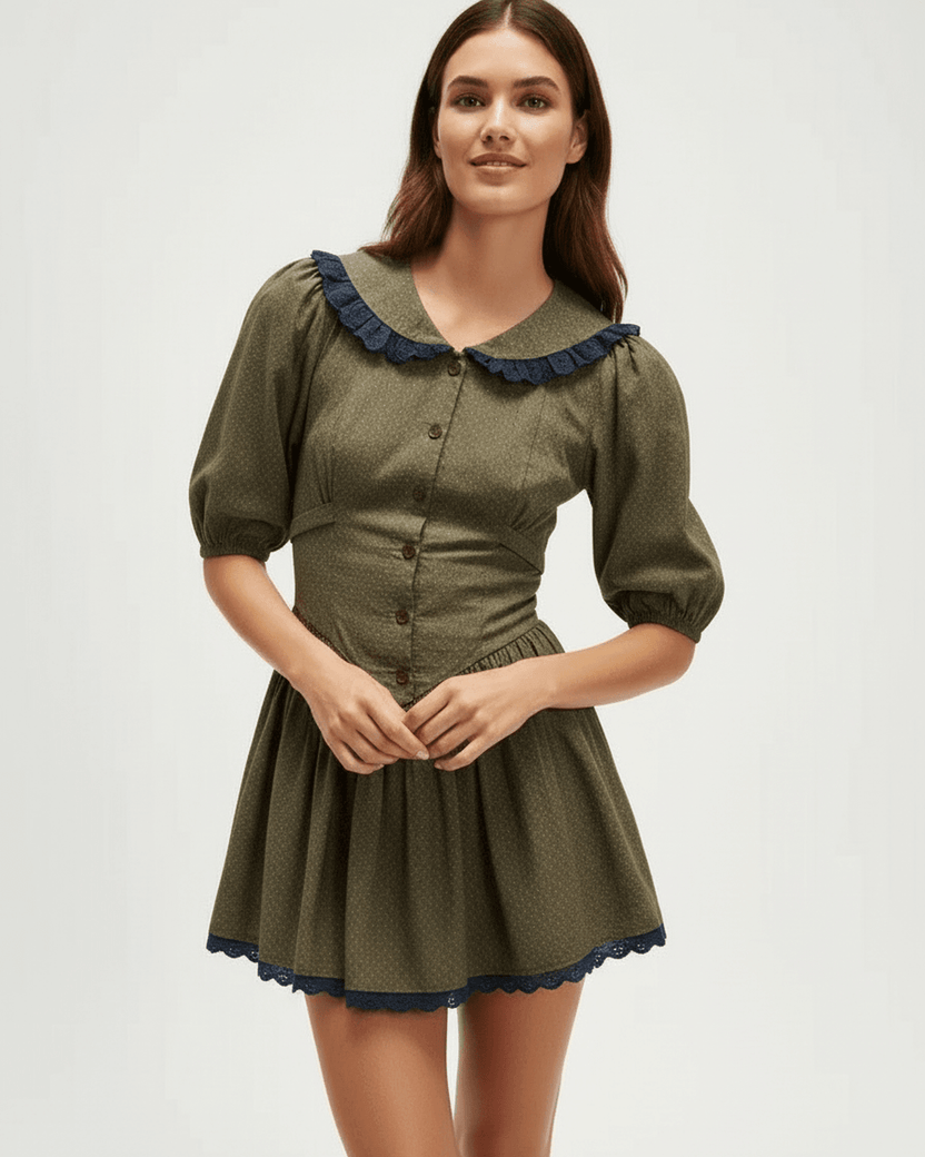 Aveline Mini Dress by Lauven featuring a Peter Pan collar, puff sleeves, and an olive green hue with navy accents.