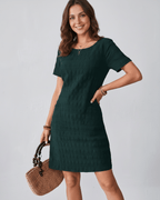 Avelin Mini Dress in textured fabric, featuring a round neckline and short sleeves for a fresh, modern look by Lauven.