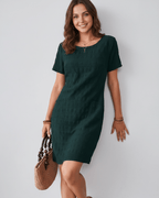 Avelin Mini Dress, textured fabric, round neckline, short sleeves, Lauven, fresh summer style.