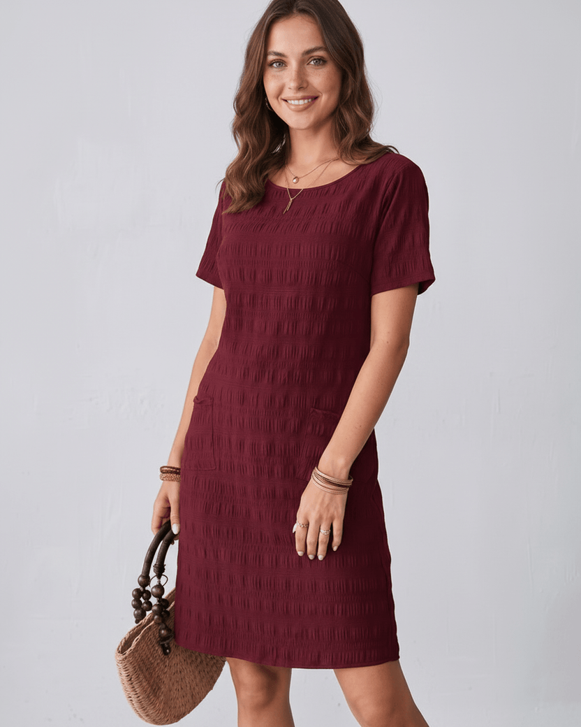 Avelin Mini Dress in textured fabric, round neckline, delivering a modern look by Lauven.