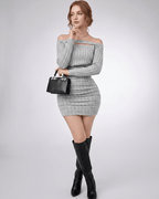 Aveline Mini Dress in textured grey knit with off-shoulder neckline by Lauven, perfect for modern wardrobes.