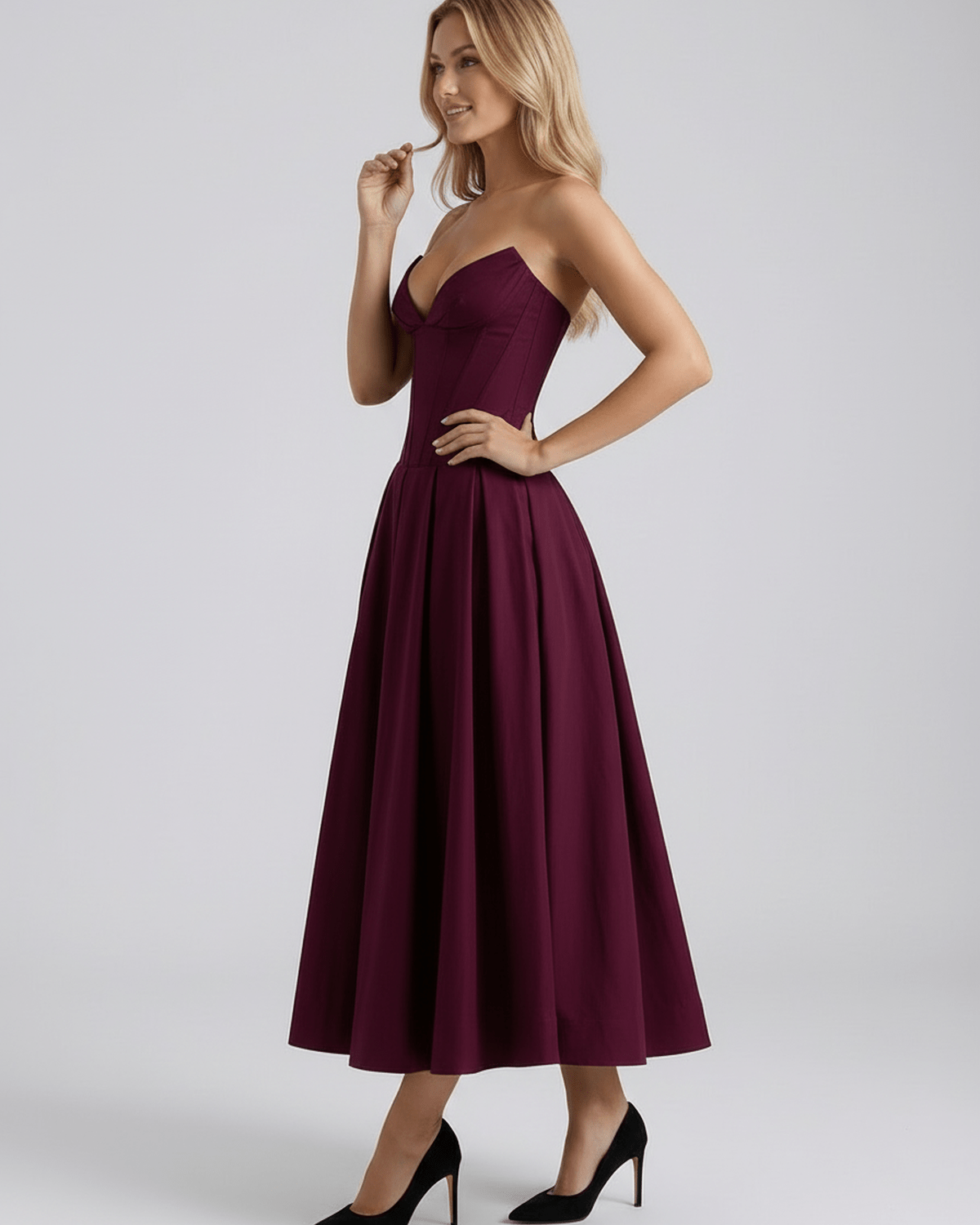 Aveline Midi Dress featuring a V-neck, structured polyester, and a flowing skirt for an elegant look by Lauven.