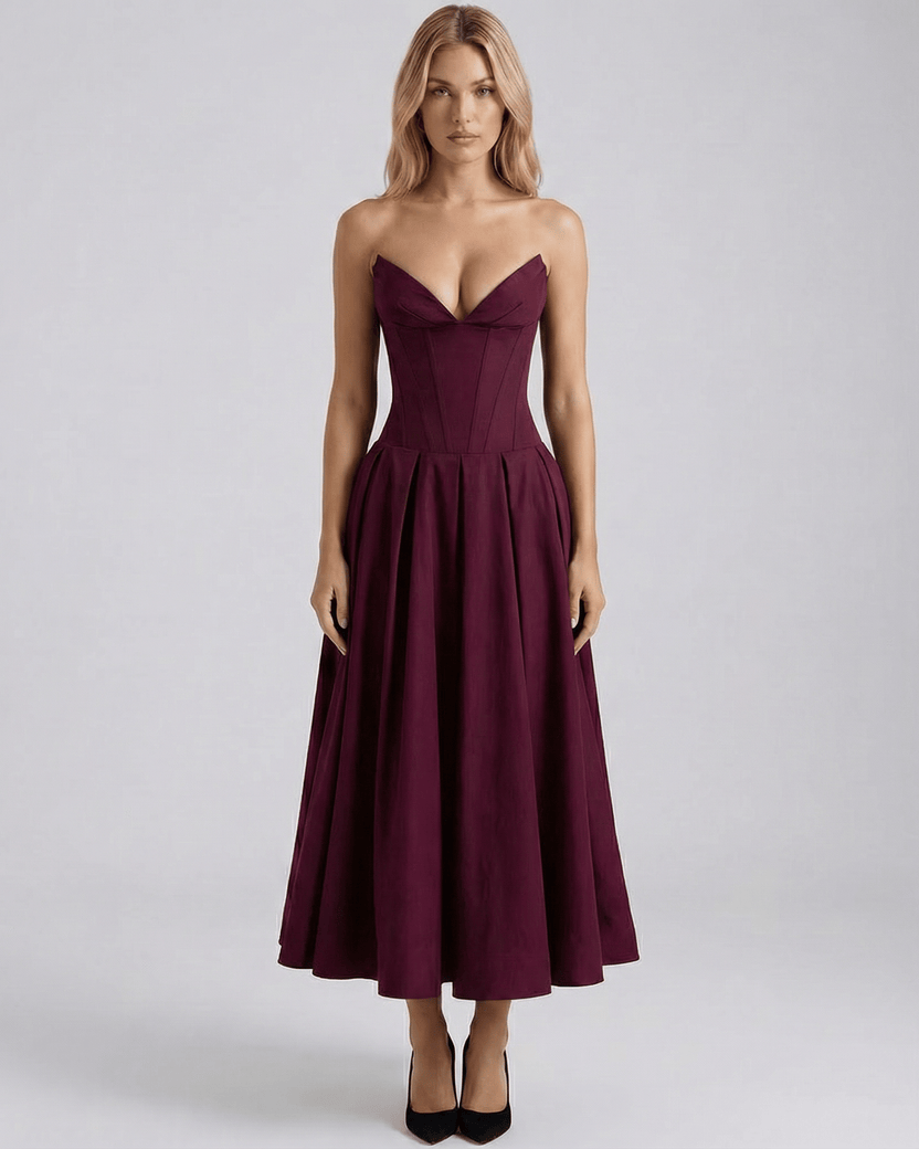 Aveline Midi Dress, V-neck midi dress, structured polyester, elegant silhouette, Lauven brand, chic and modern look.