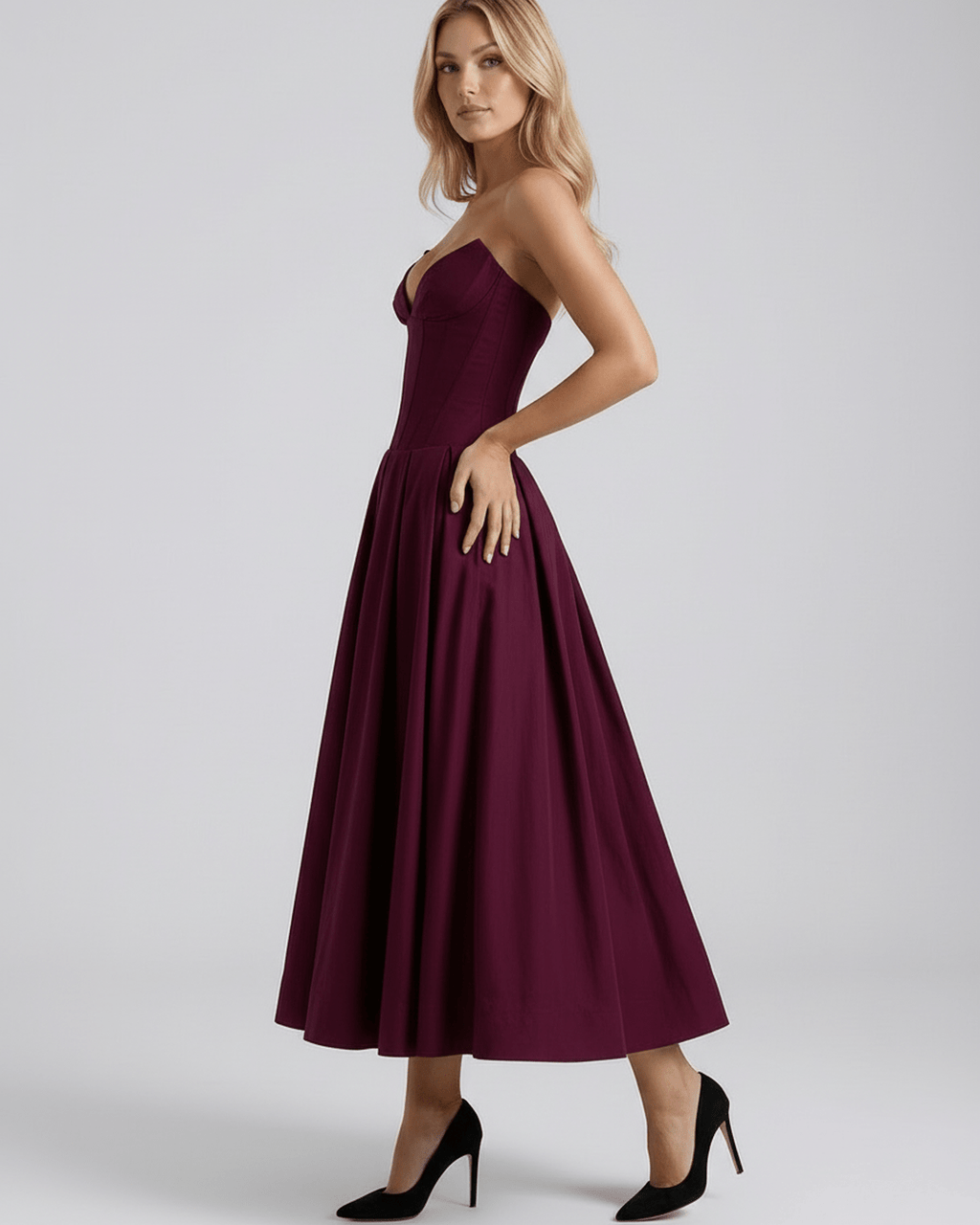 Aveline V-neck midi dress by Lauven, featuring fitted bodice and flowing skirt in rich burgundy, perfect for elegant occasions.